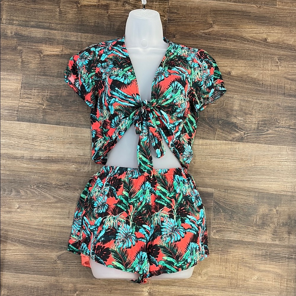 Salty Lemon | Small | Tropical Print Tie-Front Top and Shorts Set